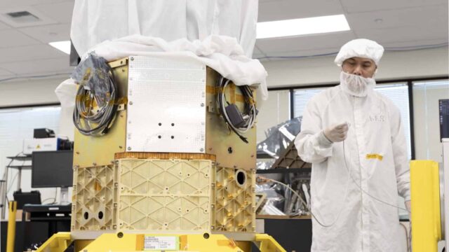 The BlackSky Gen-3 satellite in the middle of assembly, integration and testing at LeoStella.