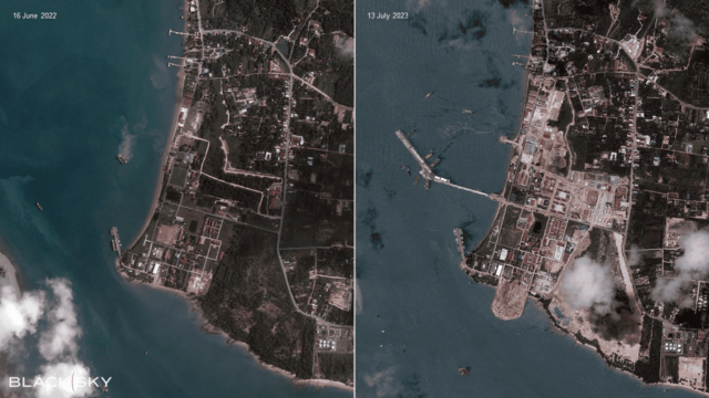 Imagery from June 2022 (on left) and July 2023 (on right) show the newly created deepwater angled pier at Ream.