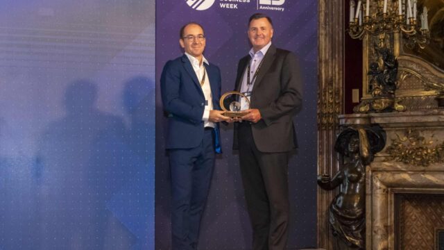 Euroconsult CEO Pacôme Révillon posing with BlackSky CEO Brian O’Toole with the Pioneer in Space Business Award at World Satellite Business Week (WSBW) 2022