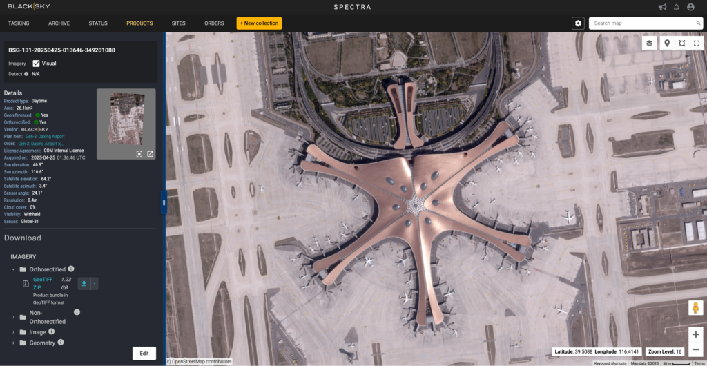 BlackSky Spectra UI showing Daxing Airport, China